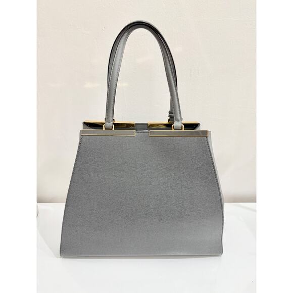 Fendi 2Jours Gray Textured Leather Double Shoulder Top Handle Handbag - Picture 3 of 12